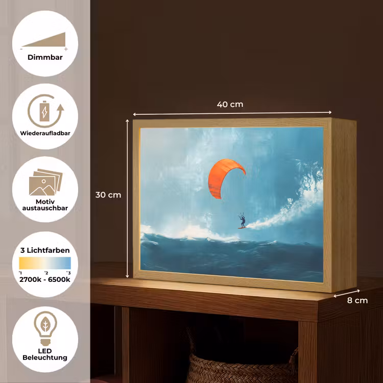 Kitesurfer - Oranje - Zee - Lucht Light Box met batterij (Wandlamp) middel -USP_websiteoverzichtDE