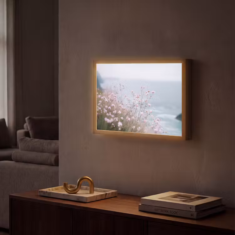Klif - Bloemen - Zee - Roze Light Box met batterij (Wandlamp) middel -sfeer1