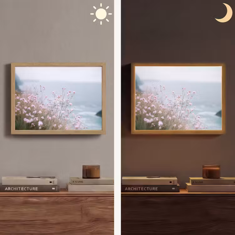 Klif - Bloemen - Zee - Roze Light Box met batterij (Wandlamp) middel -sfeer3