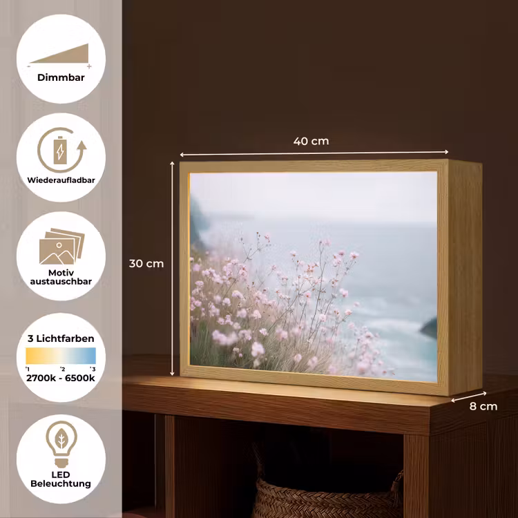 Klif - Bloemen - Zee - Roze Light Box met batterij (Wandlamp) middel -USP_websiteoverzichtDE