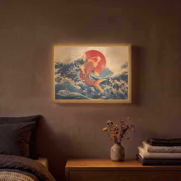 Koi - Zee - Golven - Zon Light Box met batterij (Wandlamp) middel -sfeer4