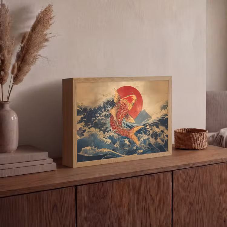 Koi - Zee - Golven - Zon Light Box met batterij (Wandlamp) middel -sfeer2