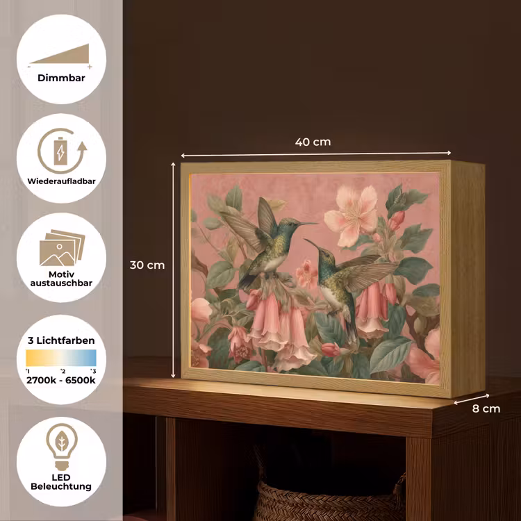 Kolibries - Bloemen - Groen - Roze Light Box met batterij (Wandlamp) middel -USP_websiteoverzichtDE