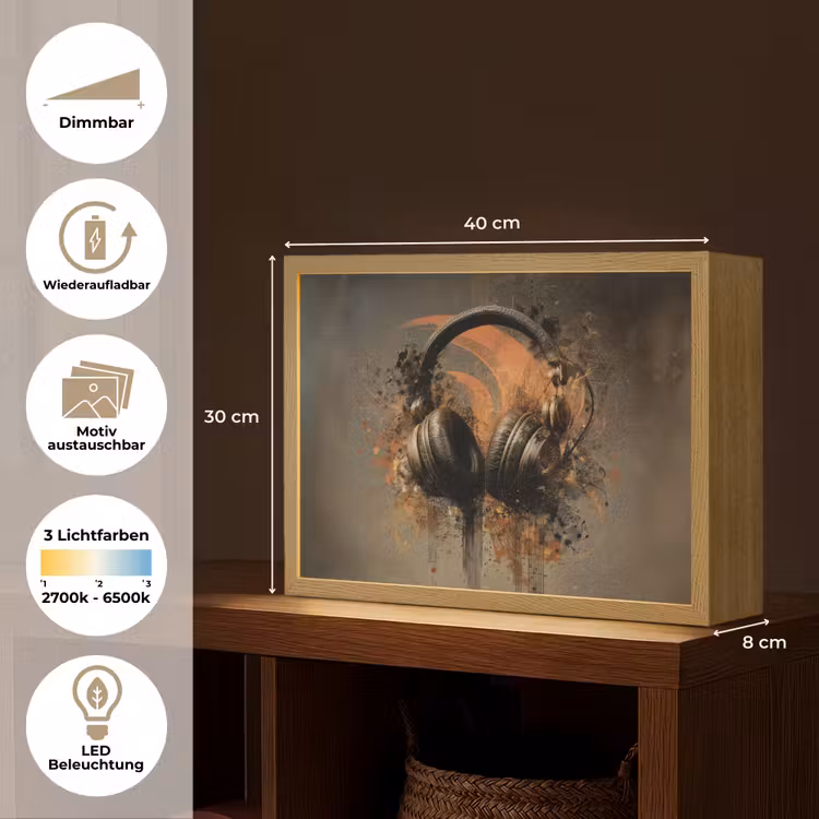 Koptelefoon - Bruin - Verf - Vintage Light Box met batterij (Wandlamp) middel -USP_websiteoverzichtDE