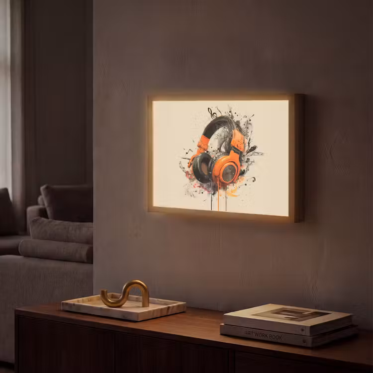 Koptelefoon - Oranje - Explosief Light Box met batterij (Wandlamp) middel -sfeer1