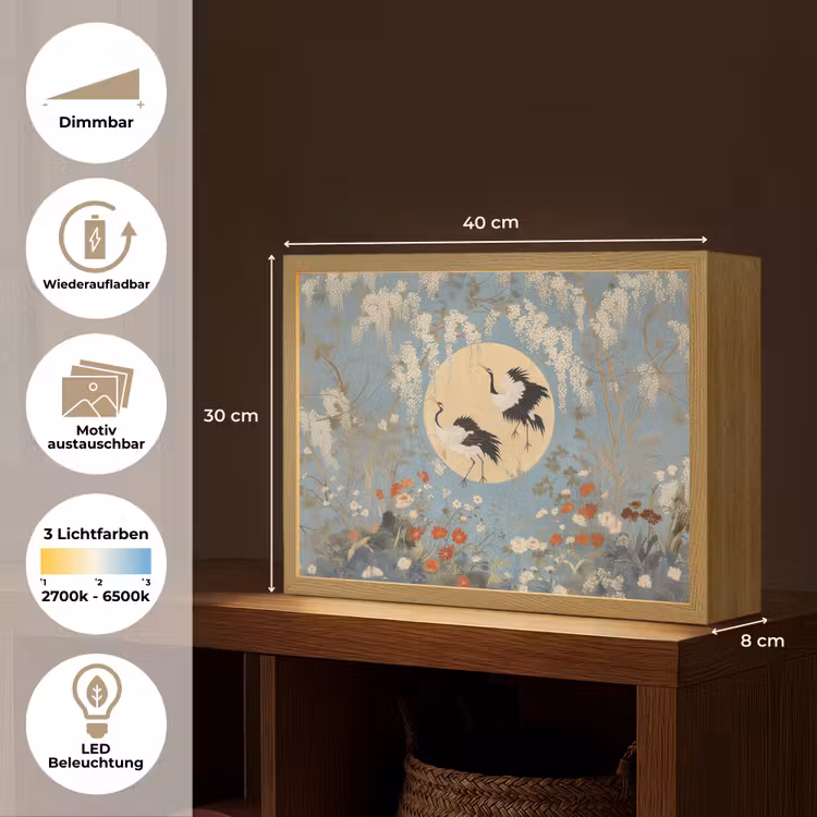 Kraanvogels - Maan - Bloemen - Blauw Light Box met batterij (Wandlamp) middel -USP_websiteoverzichtDE