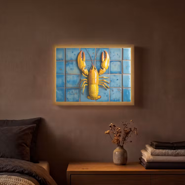 Kreeft - Geel - Blauw - Tegels Light Box met batterij (Wandlamp) middel -sfeer4