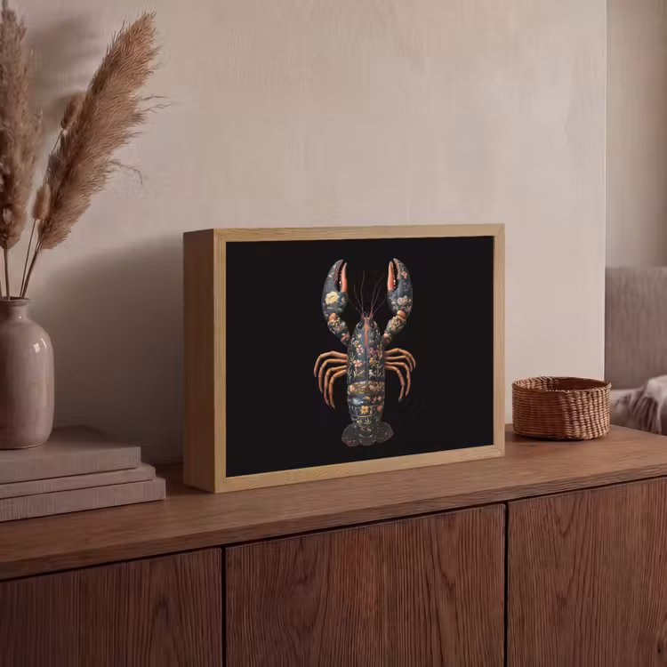 Kreeft - Zwart - Bloemenpatroon - Artistiek Light Box met batterij (Wandlamp) middel -sfeer2