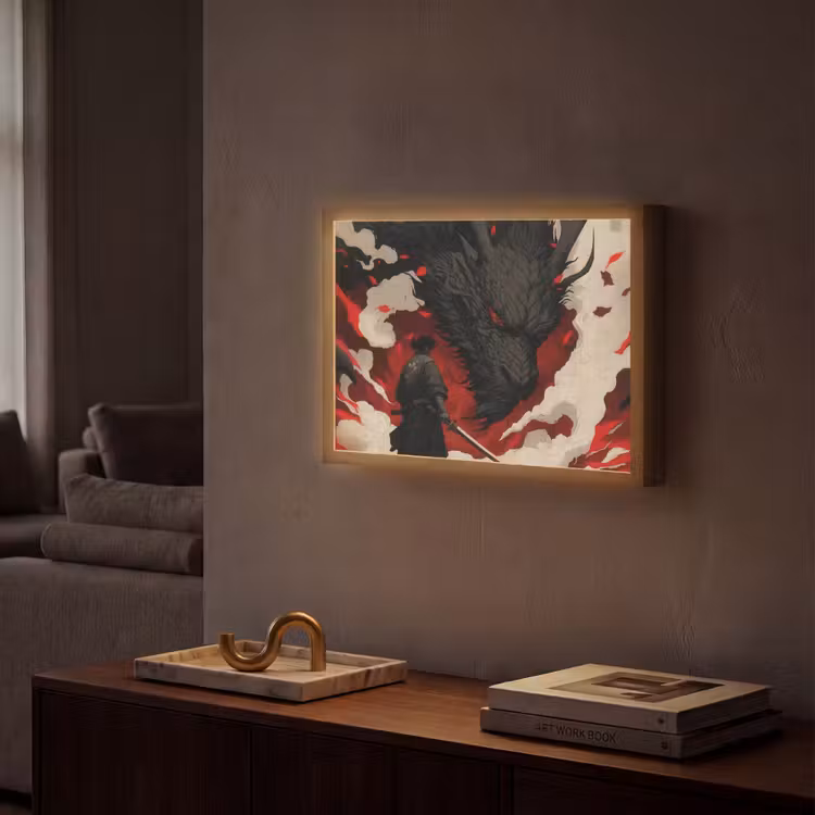 Krijger - Draak - Zwart - Rood - Rook Light Box met batterij (Wandlamp) middel -sfeer1