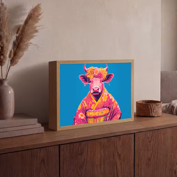 Koe - Bloemenkrans - Oorhangers - Kimono Light Box met batterij (Wandlamp) middel -sfeer2