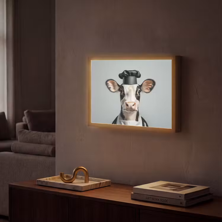 Koe - Zwart - Wit - Kok Light Box met batterij (Wandlamp) middel -sfeer1