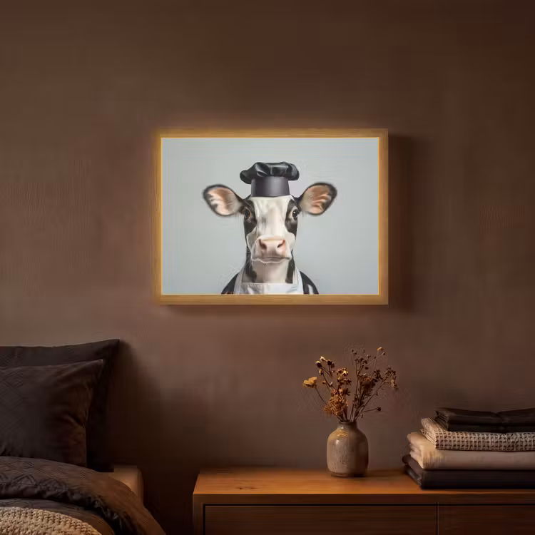 Koe - Zwart - Wit - Kok Light Box met batterij (Wandlamp) middel -sfeer4