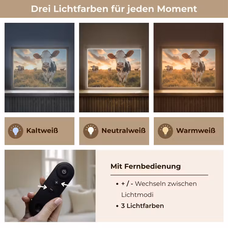 Koe - Weiland - Dieren portret - Natuur - Koeien Light Box met batterij (Wandlamp) middel -USP_lichtkleurDE