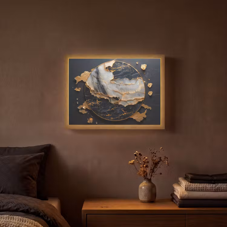 Kunst - Goud - Zwart - Modern - Abstract Light Box met batterij (Wandlamp) middel -sfeer4