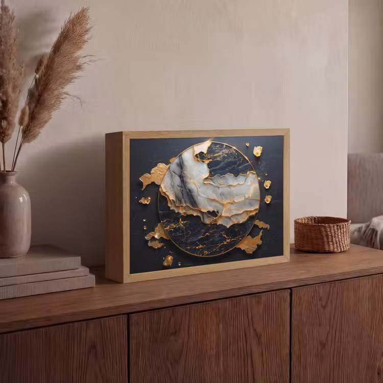 Kunst - Goud - Zwart - Modern - Abstract Light Box met batterij (Wandlamp) middel -sfeer2