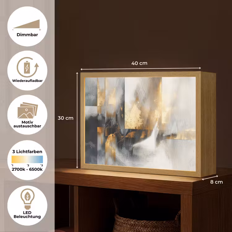 Kunst - Goud - Zilver - Abstract Light Box met batterij (Wandlamp) middel -USP_websiteoverzichtDE