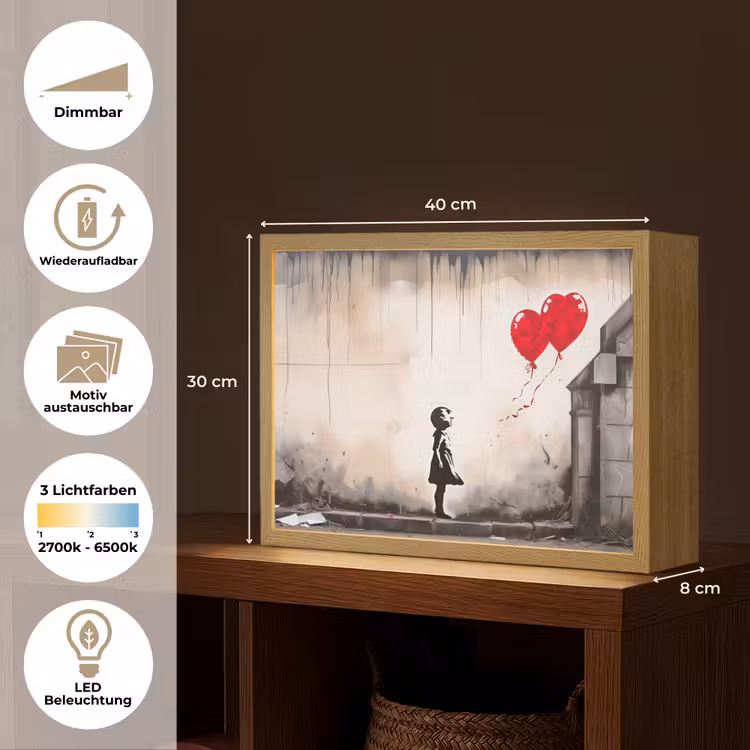 Kunst - Meisje - Ballonnen - Hart - Grijs Light Box met batterij (Wandlamp) middel -USP_websiteoverzichtDE