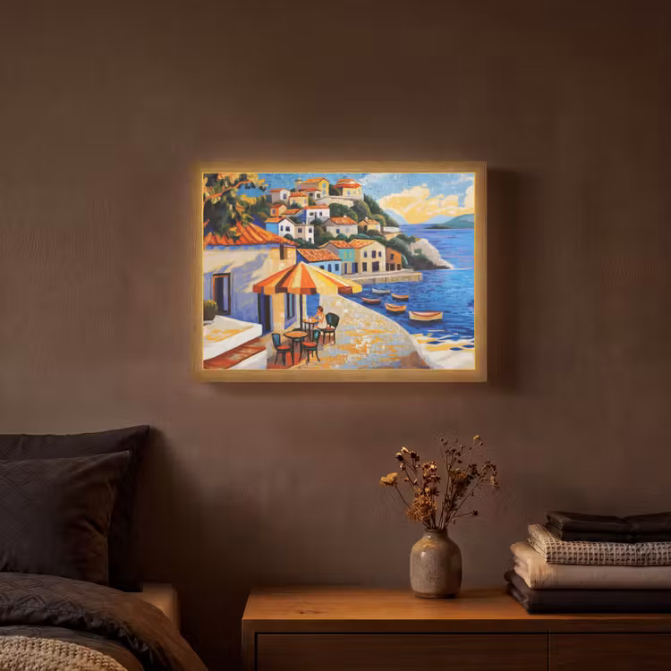 Kustdorp - Huisjes - Mozaïek - Zee Light Box met batterij (Wandlamp) middel -sfeer4