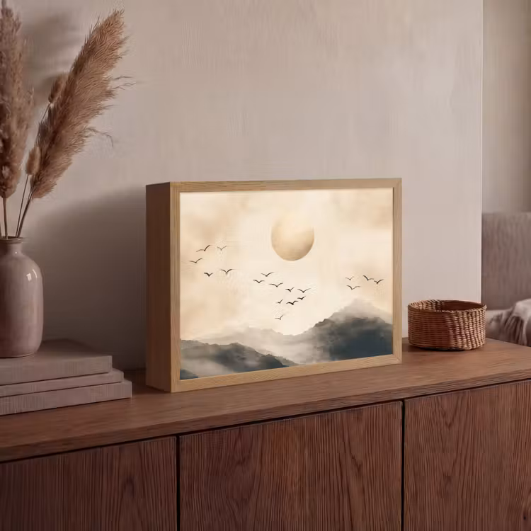Landschap - Japandi - vogel Light Box met batterij (Wandlamp) middel -sfeer2