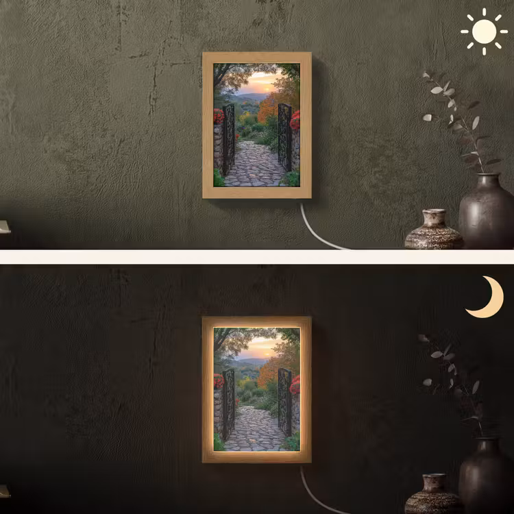 Landschap - Hek - Pad - Zonsondergang - Natuur Light Box met kabel (Wandlamp) klein -sfeer3