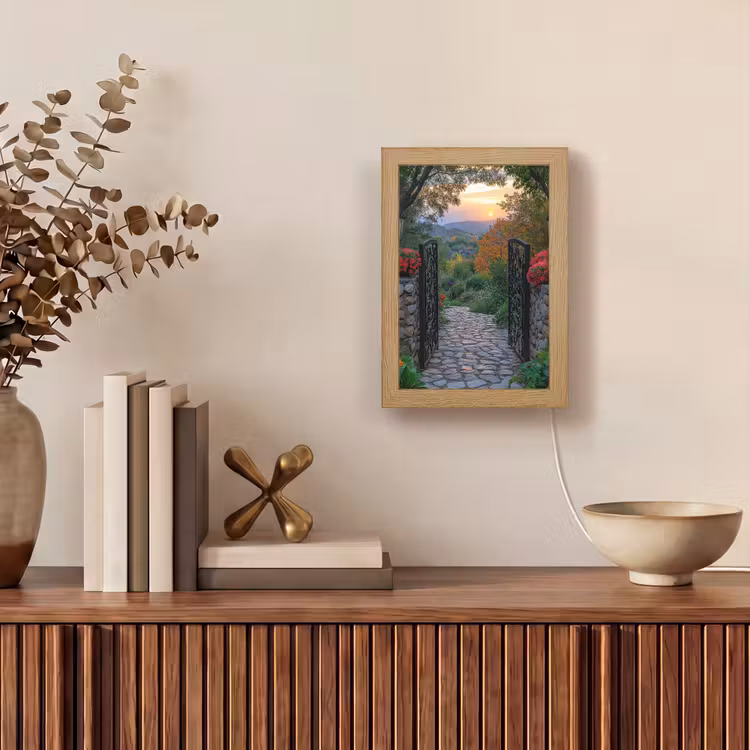 Landschap - Hek - Pad - Zonsondergang - Natuur Light Box met kabel (Wandlamp) klein -sfeer2