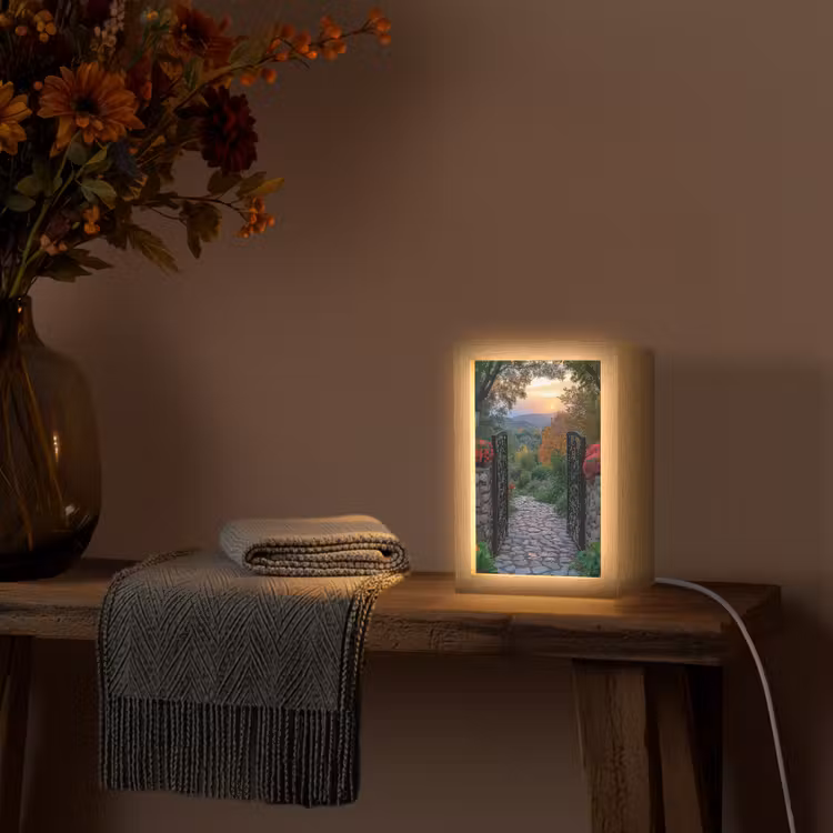 Landschap - Hek - Pad - Zonsondergang - Natuur Light Box met kabel (Wandlamp) klein -sfeer4