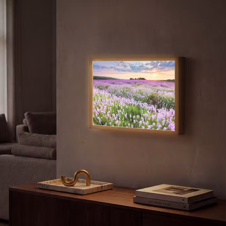 Lavendel - Bloemen - Zonsondergang - Paars - Weide Light Box met batterij (Wandlamp) middel -sfeer1