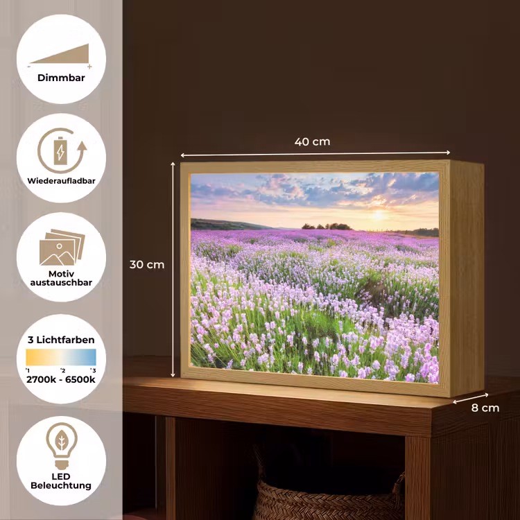 Lavendel - Bloemen - Zonsondergang - Paars - Weide Light Box met batterij (Wandlamp) middel -USP_websiteoverzichtDE