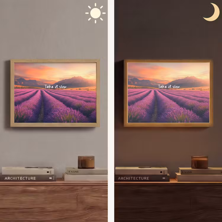Lavendelveld - Quote - Zonsondergang Light Box met batterij (Wandlamp) middel -sfeer3