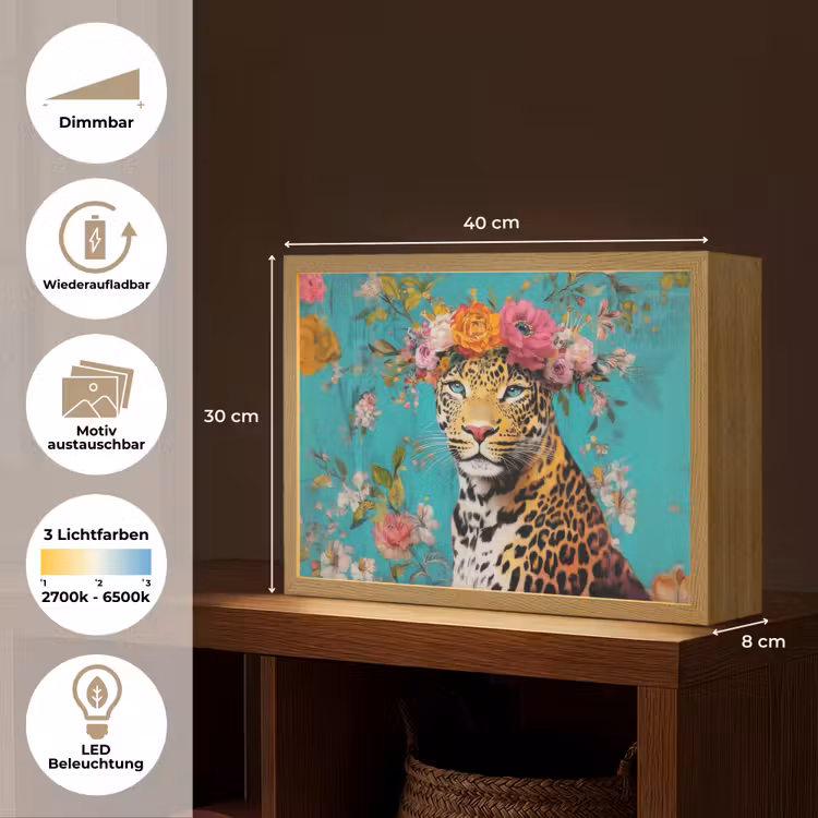 Luipaard - Bloemen - Kroon Light Box met batterij (Wandlamp) middel -USP_websiteoverzichtDE