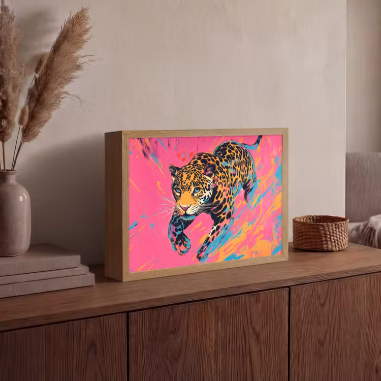 Luipaard - Roze - Oranje - Blauw - Verf Light Box met batterij (Wandlamp) middel -sfeer2