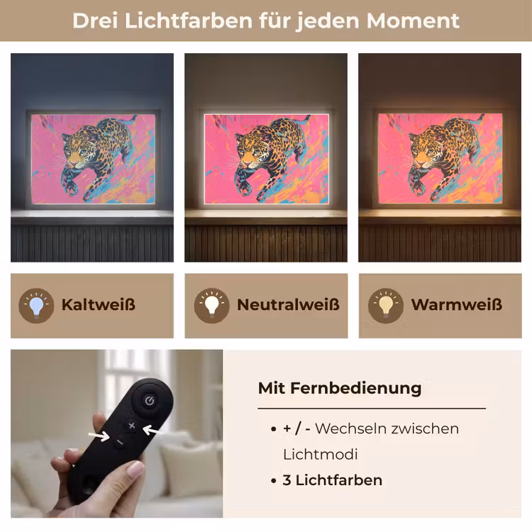Luipaard - Roze - Oranje - Blauw - Verf Light Box met batterij (Wandlamp) middel -USP_lichtkleurDE