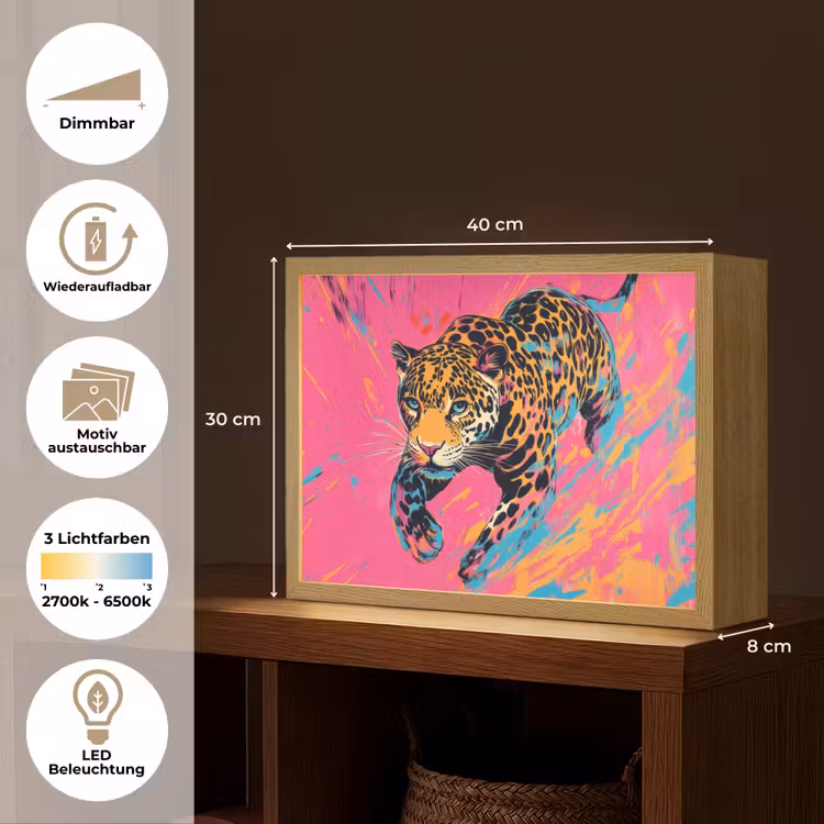 Luipaard - Roze - Oranje - Blauw - Verf Light Box met batterij (Wandlamp) middel -USP_websiteoverzichtDE