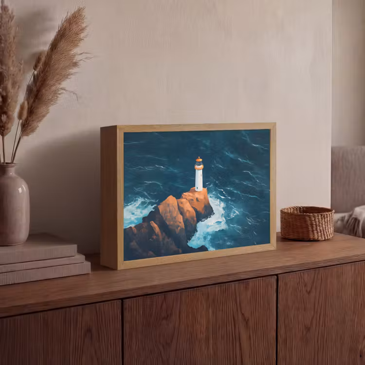 Vuurtoren - Rots - Zee - Golven Light Box met batterij (Wandlamp) middel -sfeer2