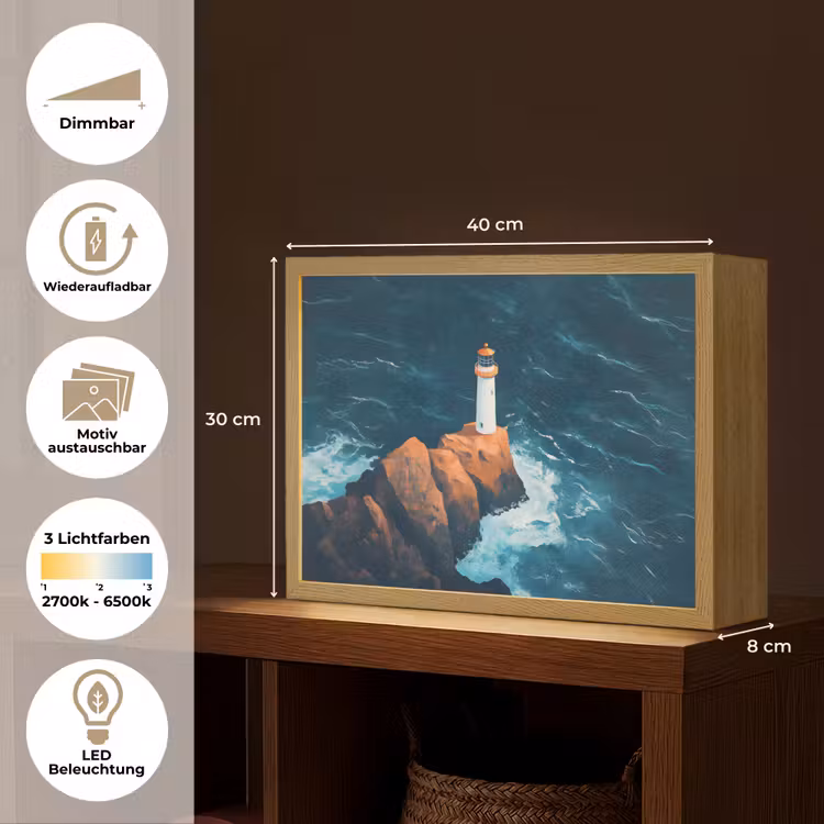 Vuurtoren - Rots - Zee - Golven Light Box met batterij (Wandlamp) middel -USP_websiteoverzichtDE
