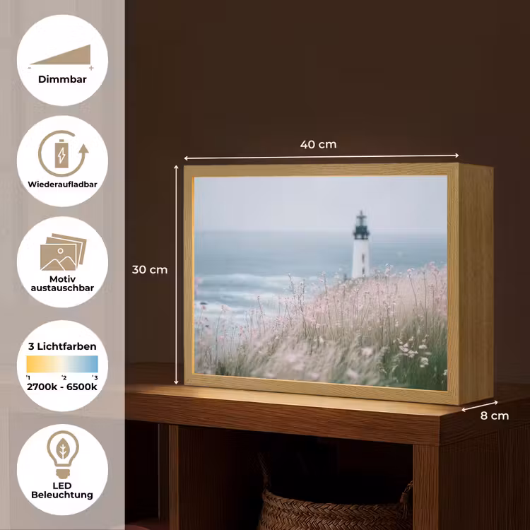 Vuurtoren - Klif - Zee - Bloemen Light Box met batterij (Wandlamp) middel -USP_websiteoverzichtDE