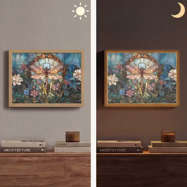 Libelle - Mozaïek - Bloemen - Kleurrijk Light Box met batterij (Wandlamp) middel -sfeer3
