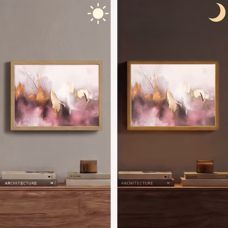 Paars - Abstract - Verf - Goud Light Box met batterij (Wandlamp) middel -sfeer3