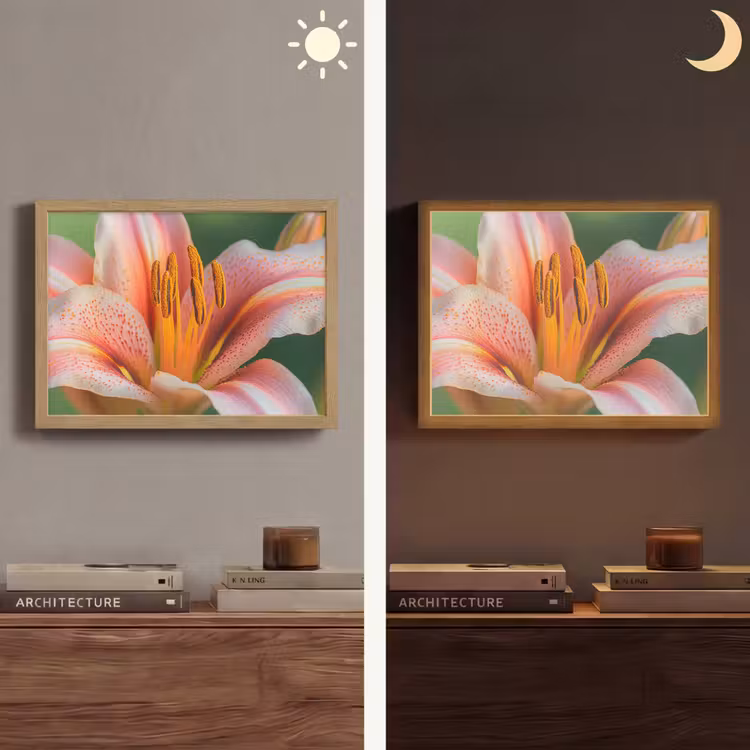 Lelie - Close up - Lichtroze Light Box met batterij (Wandlamp) middel -sfeer3