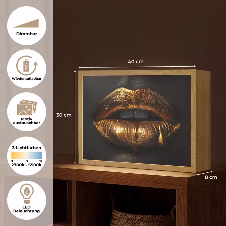 Lippen - Goud - Abstract - Zwart - Aesthetic Light Box met batterij (Wandlamp) middel -USP_websiteoverzichtDE