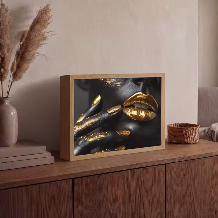 Lippen - Goud - Abstract - Zwart - Vrouw Light Box met batterij (Wandlamp) middel -sfeer2
