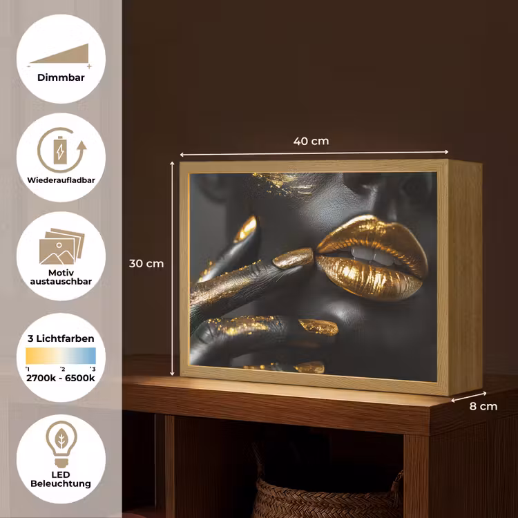Lippen - Goud - Abstract - Zwart - Vrouw Light Box met batterij (Wandlamp) middel -USP_websiteoverzichtDE