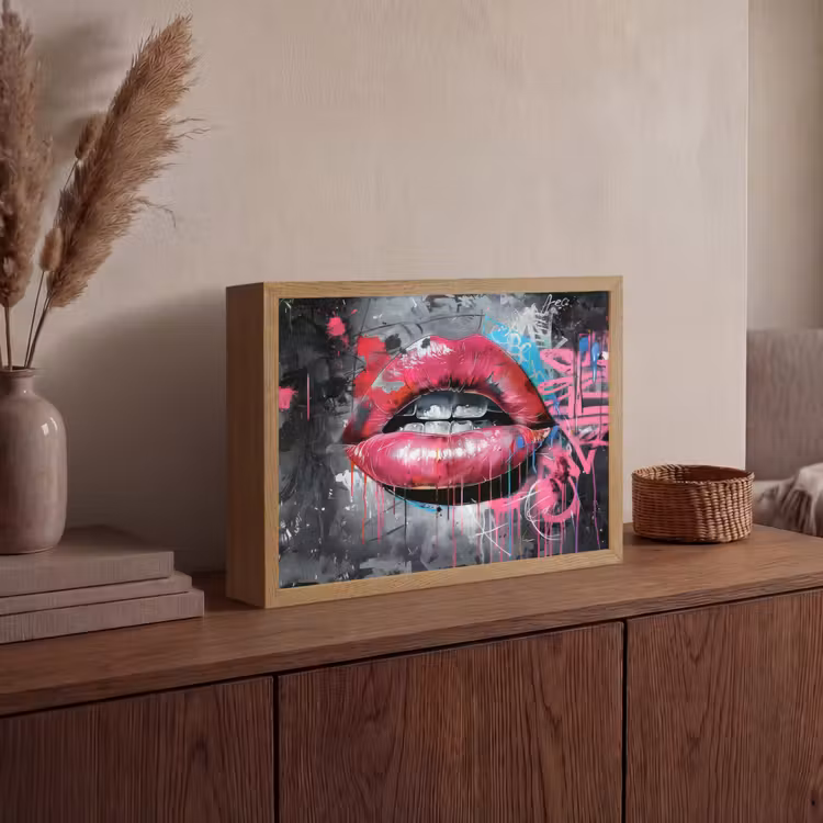 Lippen - Felroze - Graffiti - Verfstrepen Light Box met batterij (Wandlamp) middel -sfeer2