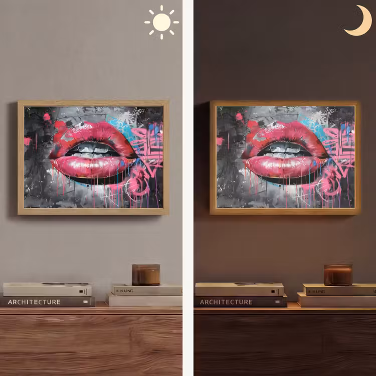 Lippen - Felroze - Graffiti - Verfstrepen Light Box met batterij (Wandlamp) middel -sfeer3