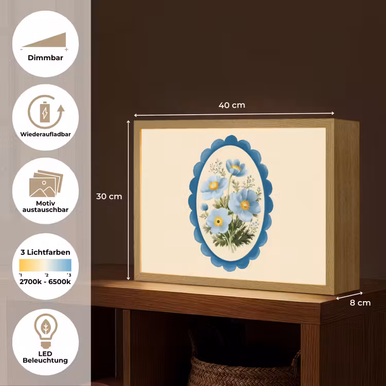 Lijst - Bloemen - Lichtblauw - Illustratie Light Box met batterij (Wandlamp) middel -USP_websiteoverzichtDE