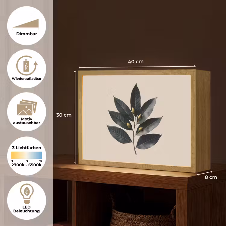 Laurierbladeren - Bloemknoppen - subtiel Light Box met batterij (Wandlamp) middel -USP_websiteoverzichtDE