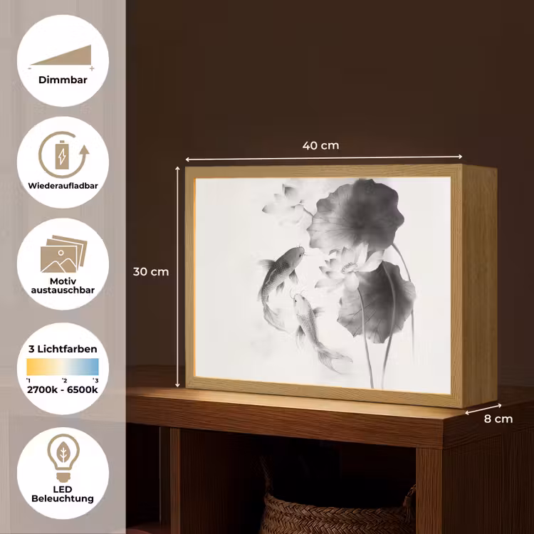 Lotusbloemen - Vissen - Bladeren - Zwart Light Box met batterij (Wandlamp) middel -USP_websiteoverzichtDE