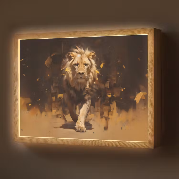 Leeuw - Geschilderd - Abstract - Goud Light Box met batterij (Wandlamp) middel -z3d_website