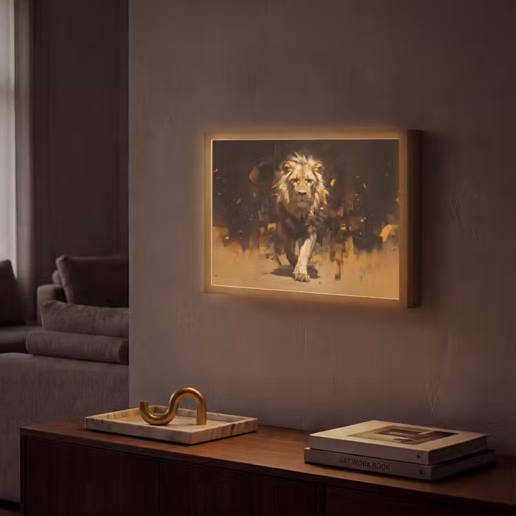 Leeuw - Geschilderd - Abstract - Goud Light Box met batterij (Wandlamp) middel -sfeer1