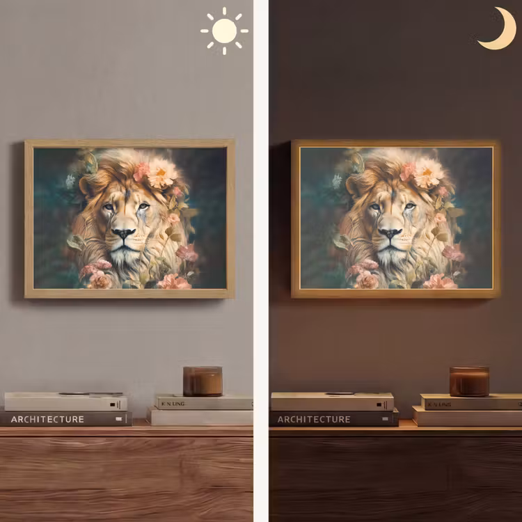 Leeuw - Leeuwenkop - Wilde dieren - Bloemen Light Box met batterij (Wandlamp) middel -sfeer3